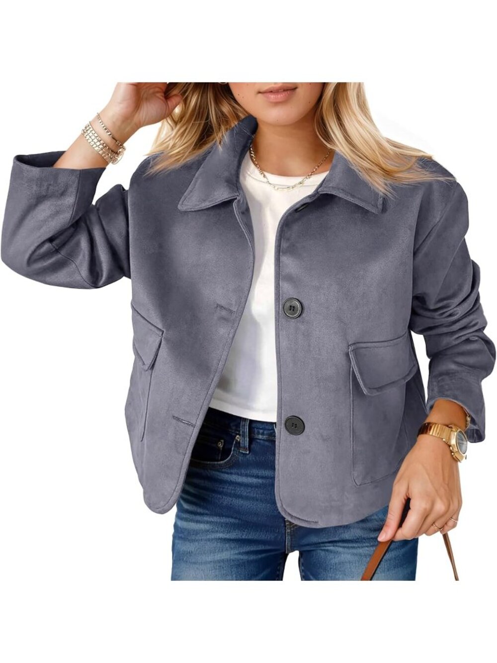Women's Dark Grey Faux Suede Cropped Jacket Button Down Vintage Casual Shacket